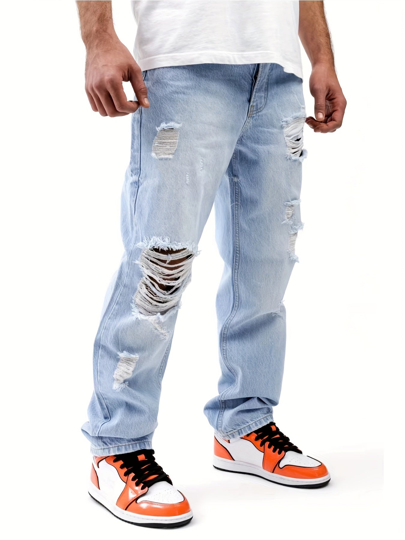 Wide Leg Cotton Blend Ripped  Jeans, Men's Casual Street Style Loose Fit Light Blue Denim Pants For Spring Summer