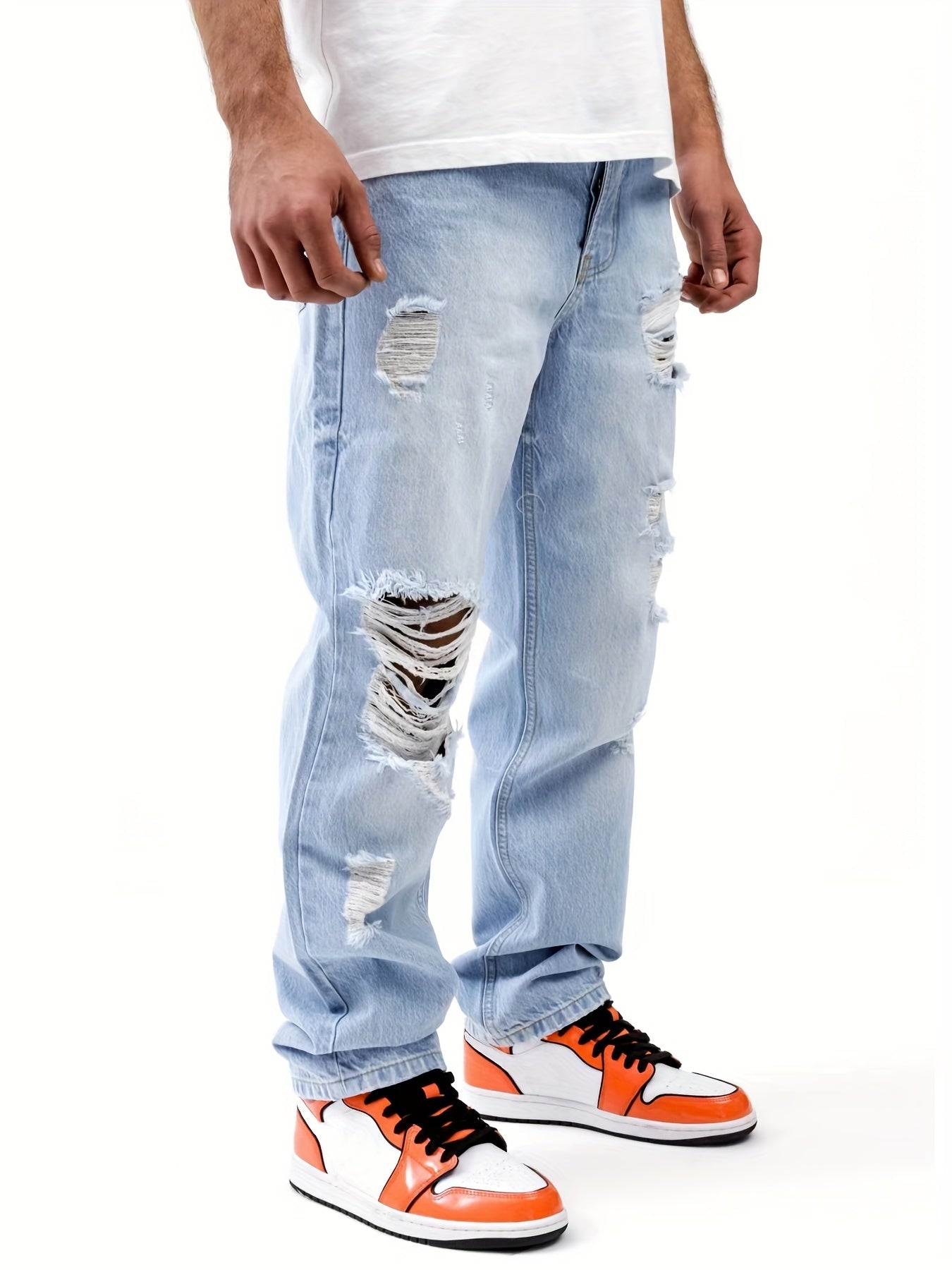 Wide Leg Cotton Blend Ripped  Jeans, Men's Casual Street Style Loose Fit Light Blue Denim Pants For Spring Summer